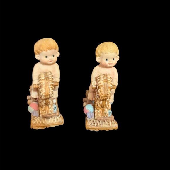 Two Resin Baby Figurines Riding Rocking Horse Vintage Decor 3.5" Nursery - Picture 2 of 8